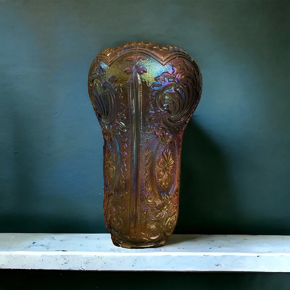 VTG Imperial Carnival Glass Scroll Flower Panels Vase Smoke Peacock 10”